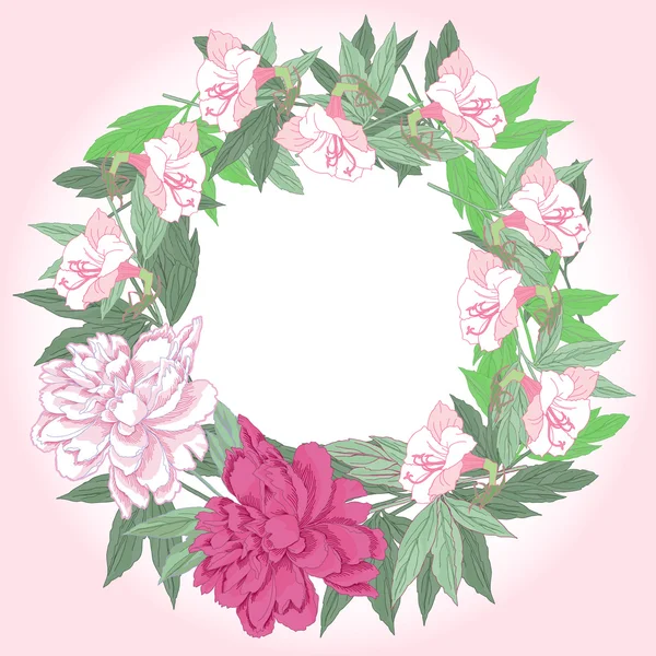 Wreath with pink  peonies and flowers — Stock Vector