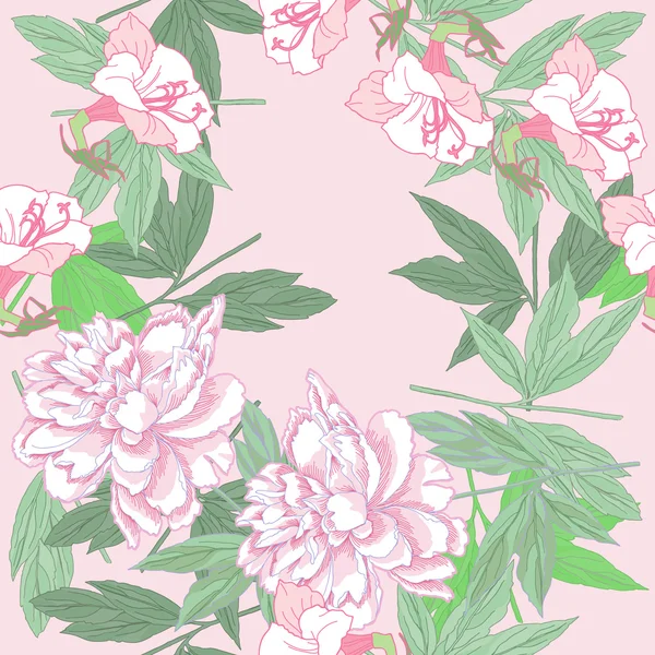 长满鲜花和粉红色牡丹无缝模式 — 图库矢量图片