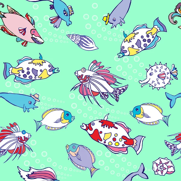 Nahtloses Muster mit farbigen Fischen und Blasen — Stockfoto