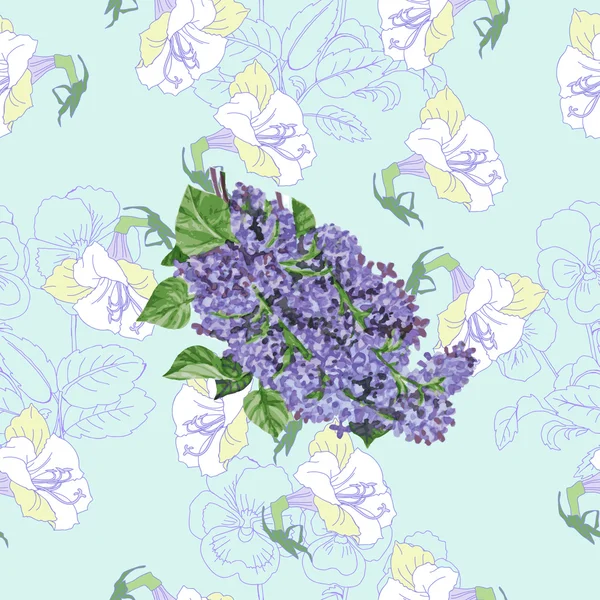 Blå seamless mönster med lila och blommor — Stock vektor