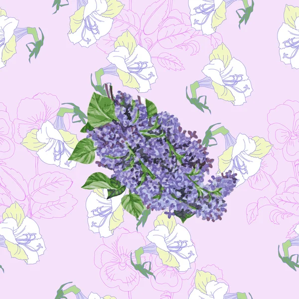 Patrón rosa sin costuras con lila y flores — Archivo Imágenes Vectoriales