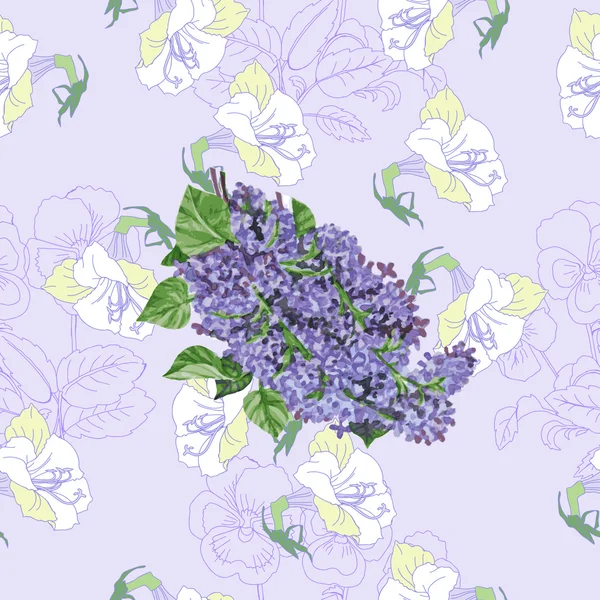 Seamless pattern  with lilac and flowers — Stock Vector