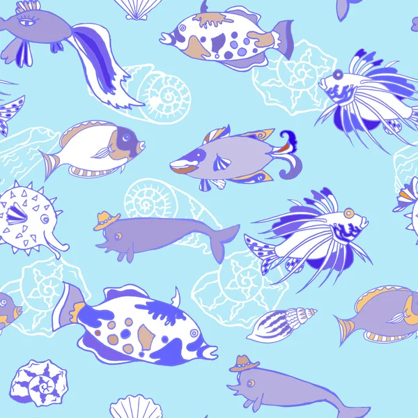 Seamless pattern with cockleshells, fishes — Stock Photo, Image