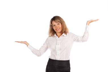 Beyaz arka planda izole edilmiş çekici genç bir iş kadını.