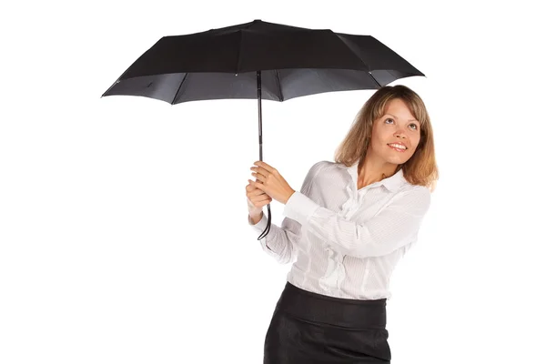 白い背景で隔離の傘で魅力的な若い実業家 — ストック写真