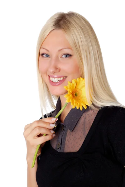 Portrait of goregous young lady holding a yellow flower isolated on white background — Stock Photo, Image