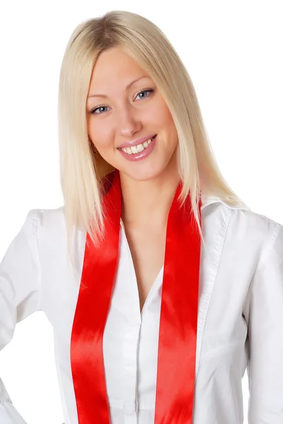 Okouzlující blondýna s červeným pruhem na bílém pozadí — Stock fotografie