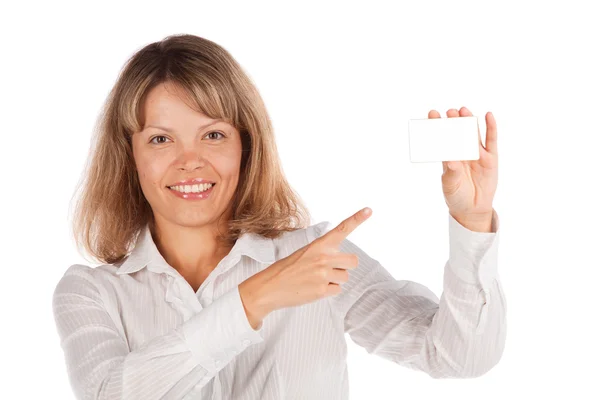 Charming young businesswoman with card isolated on white background — Stock Photo, Image