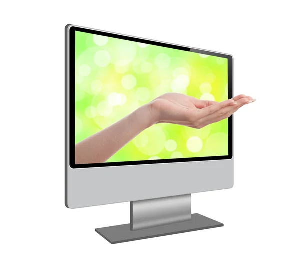 Open palm coming out of the computer display — Stock Photo, Image