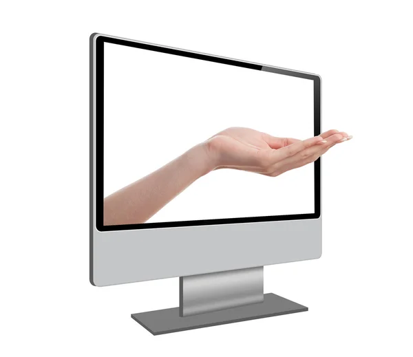 Open palm coming out van het computerscherm — Stockfoto