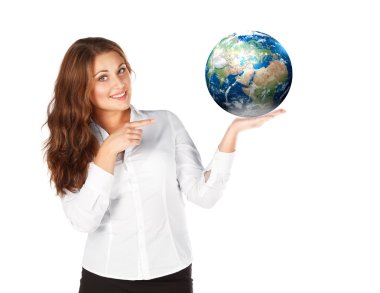 Beyaz arka planda izole edilmiş çekici genç bir iş kadını.