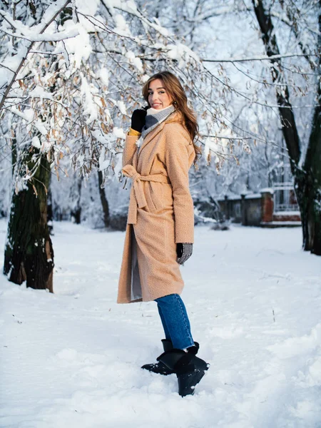 Chica en la nieve en un abrigo —  Fotos de Stock