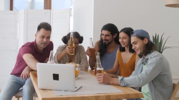 Group Friends Chatting Clinking Beer Laptop Which Video Conference Another — 图库视频影像