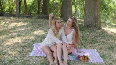 the girl gently strokes her girlfriends hair sitting on a picnic and talking