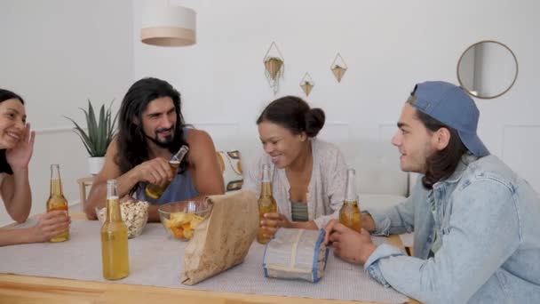 Multiethnic Company Sitting Table Chatting Laughing — Video