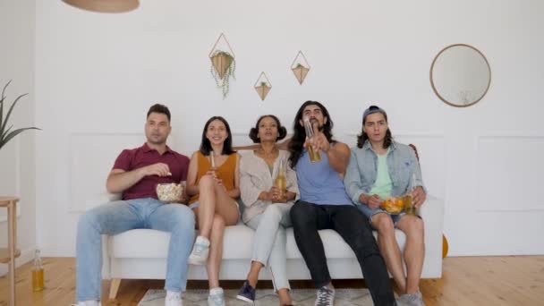 Company Couch Watching Sports Football Friends Support One Team Guy — 비디오