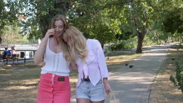 Дві Подружки Обіймаючись Прогулюються Парку Обіймах Один Цілує Іншого Щоці — стокове відео