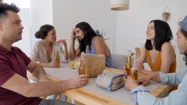 Group Friends Sits Table Guy Long Hair Tells Rest Story — Stock video