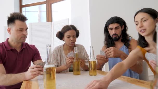 Friends Different Ethnicity Age Group Drinking Beer Table Playing Cards — Vídeos de Stock