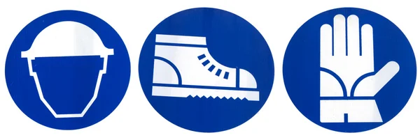 Ασφάλεια εξοπλισμού σήματα: σκληρό καπέλο, γάντια προστασίας, προστατευτικά προϊόντα παπούτσια. — Φωτογραφία Αρχείου