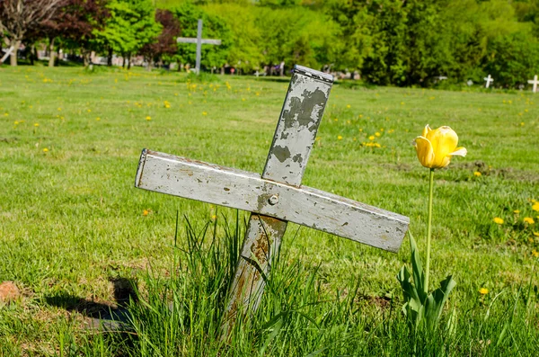 Cruz cinzenta metálica em um cemitério — Fotografia de Stock