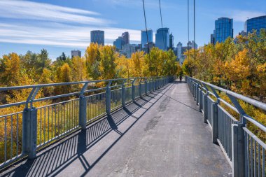 Calgary, Alberta, Kanada - 27 Eylül 2021: Sunnyside ile Prince 's Island arasındaki Bow River Pathway, arka planda Calgary silueti