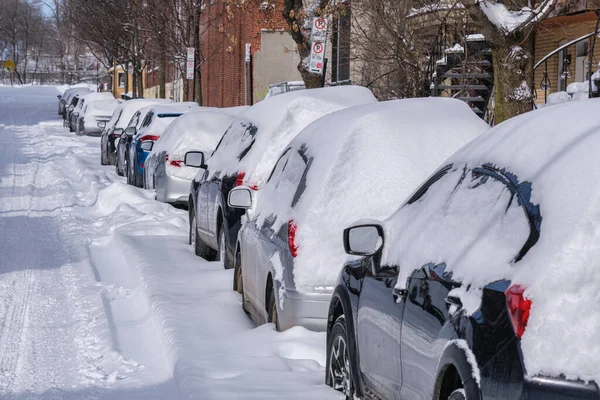 Montreal Canadá Fevereiro 2022 Carros Cobertos Neve Após Tempestade Neve — Fotografia de Stock