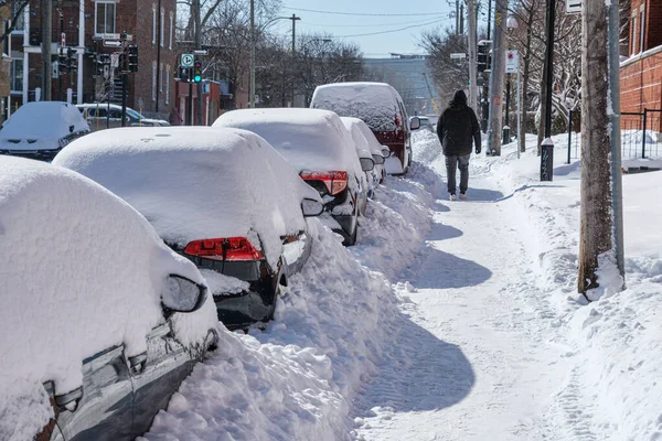 Montreal Kanada Lutego 2022 Samochody Pokryte Śniegiem Burzy Śnieżnej — Zdjęcie stockowe