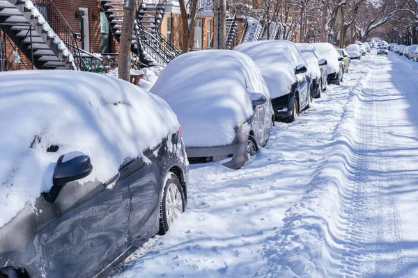 Montreal Kanada Lutego 2022 Samochody Pokryte Śniegiem Burzy Śnieżnej — Zdjęcie stockowe