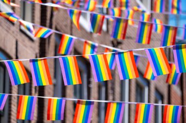 Caddenin karşısında asılı pek çok küçük gay gökkuşağı bayrakları