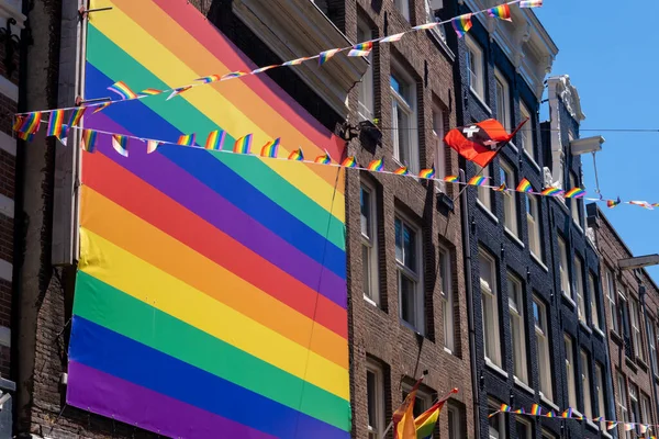 Amsterdam Netherlands June 2022 Huge Rainbow Flag Hanging Building Gay — Stock Photo, Image