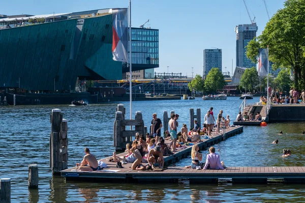 Amsterdam Netherlands June 2022 People Bathing Marineterrein Inner Harbour — Stock Photo, Image
