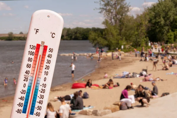 Thermometer Front Shirtless People Sunbathing Beach — ストック写真