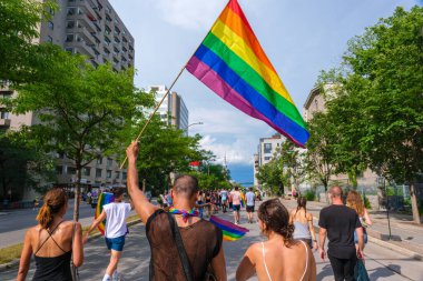 Montreal, CA - 7 August 2022: Many people take part in spontaneous gay pride march after official pride parade was cancelled
