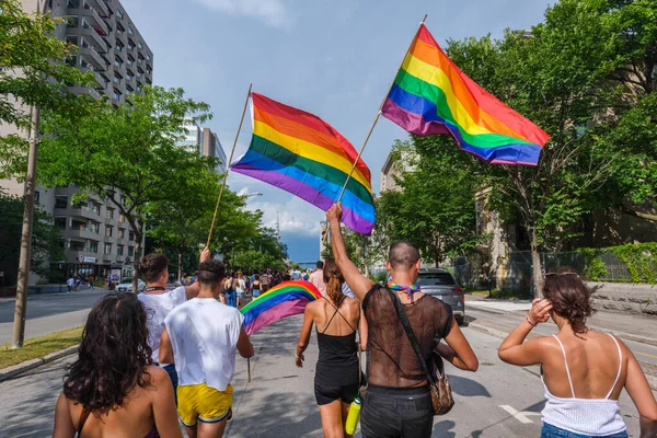 Montreal, CA - 7 August 2022: Many people take part in spontaneous gay pride march after official pride parade was cancelled