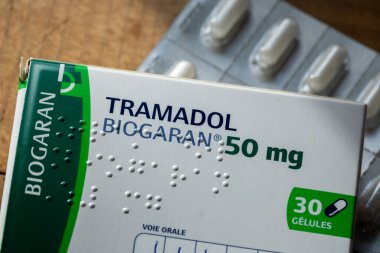 Calais, France - 25 June 2022: French box of pain relief medicine Tramadol