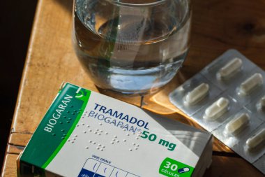 Calais, France - 25 June 2022: French box of pain relief medicine Tramadol