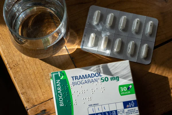 Calais, France - 25 June 2022: French box of pain relief medicine Tramadol