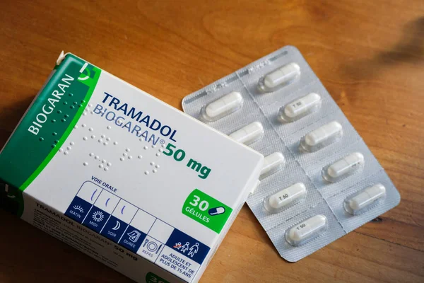 Calais, France - 25 June 2022: French box of pain relief medicine Tramadol