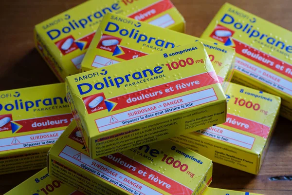Calais, France - 25 June 2022: Many french boxes of Doliprane paracetamol 1000 mg pills