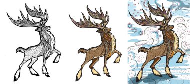 Yetişkinler için desenli bir Noel Ren Geyiği seti. Stres karşıtı sayfalar, kitap, sanat terapisi, resim. El çizimi zenkarga çizimi, bayram rengi