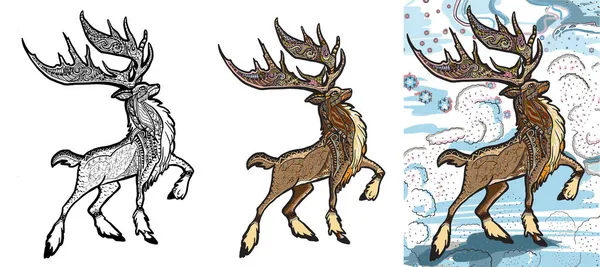 圣诞驯鹿设置的图案风格为成人抗压彩色网页 艺术疗法 手绘Zentangle草图 假日色彩英寸 — 图库照片