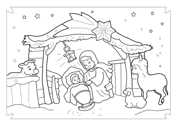Christmas Religious Nativity Scene Coloring Pages — Stock Vector