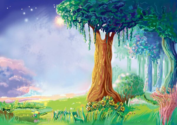 Landscape background design of forest at night illustration