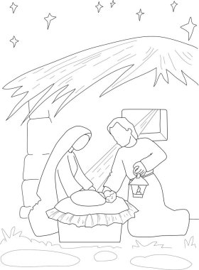 Noel doğumu. Ana hatlarıyla Meryem, Yusuf ve bebek İsa. Renk Sayfaları