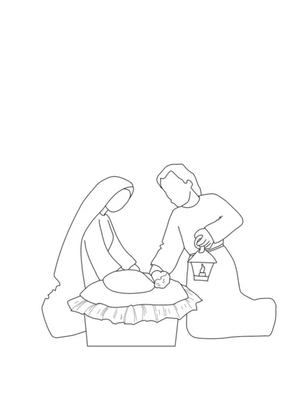 Christmas Nativity Scene Baby Jesus Mary Joseph Vector Illustration Sketch — Stock Vector