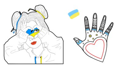 Ukrayna 'yı destekleyen kalp şeklinde eller. Ukrayna 'ya barış için dua et. Ukrayna 'yı Rusya' dan kurtar. Vektör illüstrasyonu.