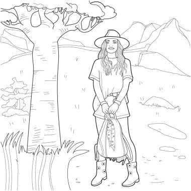 Dağlardaki kız. Yetişkin boyası. Renk Terapisi Renklendirme Sayfaları