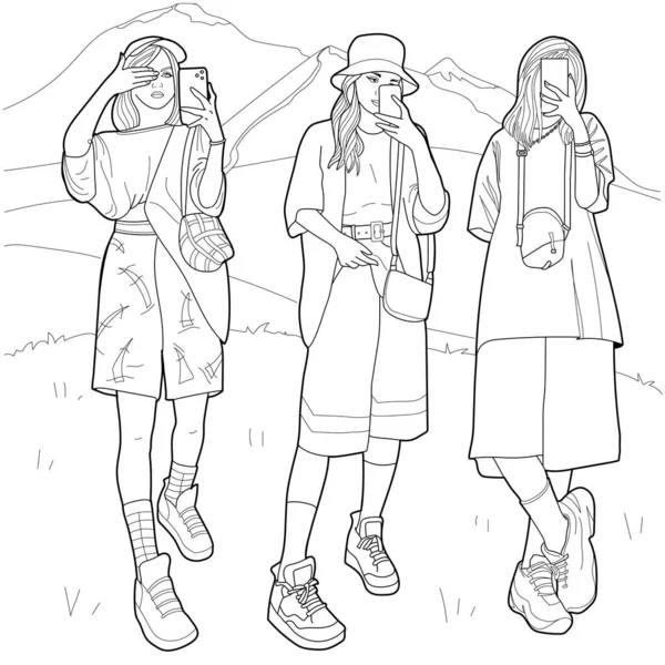 Όμορφα Λεπτά Κορίτσια Ένα Τηλέφωνο Στα Βουνά Διανυσματική Απεικόνιση Μόδα — Διανυσματικό Αρχείο