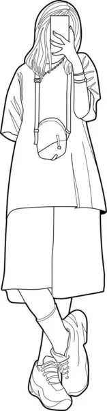Мода Розмальовки Сторінки Чорно Білий Малюнок Дівчини Літо — стоковий вектор